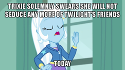 Size: 640x360 | Tagged: safe, edit, edited screencap, imported from derpibooru, screencap, trixie, a little birdie told me, equestria girls, equestria girls series, blatant lies, caption, image macro, meme, oath, text, trixie gets all the mares, trixie yells at everything