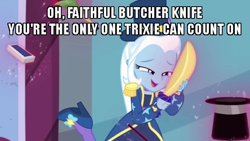 Size: 640x360 | Tagged: safe, edit, edited screencap, imported from derpibooru, screencap, trixie, equestria girls, equestria girls series, street magic with trixie, spoiler:eqg series (season 2), caption, clothes, cropped, female, high heels, image macro, magician outfit, meme, shoes, solo, text, trixie yells at everything