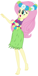 Size: 2000x4008 | Tagged: safe, artist:discorded, edit, imported from derpibooru, fluttershy, equestria girls, barefoot, clothes, feet, female, floral head wreath, flower, grass skirt, hawaiian flower in hair, hula, hulashy, open mouth, pose, simple background, skirt, smiling, solo, transparent background, vector