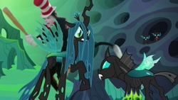 Size: 800x450 | Tagged: safe, edit, edited screencap, imported from derpibooru, screencap, queen chrysalis, thorax, bat, changeling, changeling queen, to where and back again, baseball bat, changeling hive, changeling kingdom, confrontation, female, male, mike myers, raised hoof, the cat in the hat