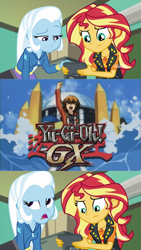 Size: 576x1024 | Tagged: safe, edit, imported from derpibooru, screencap, sunset shimmer, trixie, equestria girls, equestria girls series, forgotten friendship, exploitable meme, jaden yuki, meme, sunset's recording, yu-gi-oh!, yu-gi-oh! gx