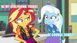 Size: 1920x1080 | Tagged: safe, edit, edited screencap, imported from derpibooru, screencap, sunset shimmer, trixie, equestria girls, equestria girls series, forgotten friendship, caption, crossed arms, female, image macro, lesbian, meme, shipping, suntrix, text