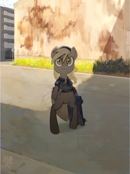 Size: 1522x2048 | Tagged: safe, artist:cottonbudfilly, imported from derpibooru, derpy hooves, pegasus, semi-anthro, arm hooves, clothes, female, scenery, solo, uniform