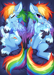 Size: 721x1000 | Tagged: safe, artist:hioshiru, imported from derpibooru, rainbow dash, pegasus, pony, :p, body pillow, body pillow design, chest fluff, coat markings, colored wings, concave belly, cute, dashabetes, ear fluff, eyes closed, feathered wings, female, fluffy, heart eyes, leg fluff, long tail, looking at you, mare, multicolored wings, obtrusive watermark, profile, slim, solo, tail, tail feathers, thin, tongue out, unshorn fetlocks, watermark, wingding eyes, wings