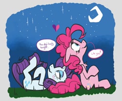 Size: 1188x985 | Tagged: safe, artist:shelbysmol, imported from derpibooru, pinkie pie, rarity, earth pony, pony, unicorn, blushing, duo, female, flirting, grass, lesbian, night, raripie, shipping