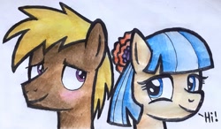 Size: 2835x1655 | Tagged: safe, artist:melisareb, imported from derpibooru, coco crusoe, coco pommel, earth pony, pony, blushing, cocobetes, crack shipping, cute, dialogue, female, looking at each other, male, mare, pommelcrusoe, shipping, stallion, straight, traditional art