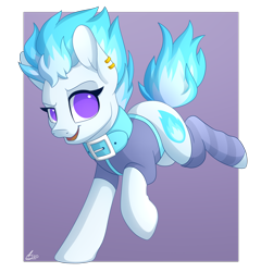 Size: 2400x2500 | Tagged: safe, artist:luminousdazzle, imported from derpibooru, oc, oc only, oc:frostfire, earth pony, pony, clothes, collar, cutie mark, ear piercing, earring, female, high res, jewelry, leg warmers, looking at you, mare, no pupils, open mouth, piercing, smiling, socks, solo, striped socks