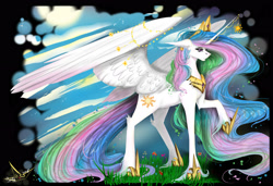 Size: 3500x2400 | Tagged: safe, artist:martazap3, imported from derpibooru, princess celestia, alicorn, pegasus, pony, female, floppy ears, grass, horn, horn jewelry, jewelry, large wings, mare, raised hoof, regalia, solo, unshorn fetlocks, wing jewelry, wings