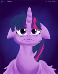 Size: 1100x1400 | Tagged: safe, artist:rockhoppr3, imported from derpibooru, twilight sparkle, alicorn, pony, crying, female, floppy ears, messy mane, sad, simple background, solo, teary eyes, twilight sparkle (alicorn)