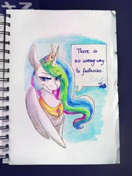 Size: 3120x4160 | Tagged: safe, artist:brownie97, edit, imported from derpibooru, princess celestia, alicorn, pony, female, looking at you, mare, marker drawing, raspberry, solo, there is no wrong way to fantasize, tongue out, traditional art