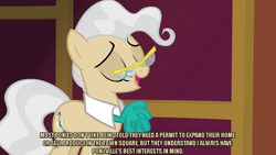 Size: 1280x720 | Tagged: safe, edit, edited screencap, editor:jaredking203, imported from derpibooru, screencap, mayor mare, earth pony, pony, filli vanilli, caption, eyes closed, female, glasses, image macro, meme, text