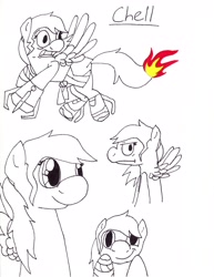 Size: 2550x3300 | Tagged: safe, artist:jarcup, imported from derpibooru, pegasus, pony, amputee, bandage, fire, frown, lineart, partial color, ponified, portal (valve), prosthetic limb, prosthetics, scared, smiling, traditional art