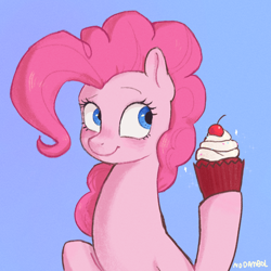 Size: 1000x1000 | Tagged: safe, artist:nodambol, imported from derpibooru, pinkie pie, earth pony, pony, blue background, bust, cupcake, cute, diapinkes, female, food, mare, simple background, solo