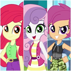 Size: 1080x1080 | Tagged: safe, artist:rjp.rammy, imported from derpibooru, apple bloom, scootaloo, sweetie belle, equestria girls, growing up is hard to do, alternate hairstyle, apple bloom's bow, belt, bow, camouflage pants, clothes, cutie mark crusaders, dress, eyes closed, eyeshadow, female, grin, hair bow, hoodie, jeans, makeup, older, older apple bloom, older cmc, older scootaloo, older sweetie belle, open mouth, pants, sleeveless, sleeveless hoodie, smiling, tanktop, trio, vest, wristband