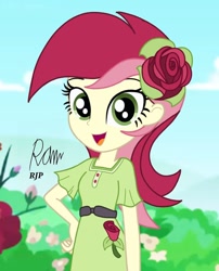 Size: 850x1050 | Tagged: safe, artist:rjp.rammy, imported from derpibooru, roseluck, equestria girls, belt, clothes, cute, dress, female, flower, flower in hair, open mouth, rosabetes, rose, solo