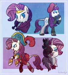 Size: 1280x1411 | Tagged: safe, artist:featherrfly, imported from derpibooru, rarity, pony, unicorn, my little pony: the movie, rarity investigates, sweet and elite, the best night ever, abstract background, beatnik rarity, beret, bust, clothes, cute, dress, fascinator, female, gala dress, hat, leonine tail, mare, multeity, no pupils, open mouth, outfit catalog, pirate, pirate hat, pirate rarity, portrait, raribetes, smiling, solo, sweater