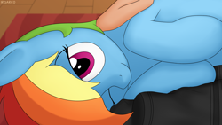 Size: 3840x2160 | Tagged: safe, artist:irisarco, imported from derpibooru, rainbow dash, human, pegasus, pony, beautiful, carpet, clothes, cute, dashabetes, female, hoodie, human on pony snuggling, looking at you, mare, one eye closed, smiling, snuggling, tomboy, wooden floor