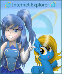 Size: 5000x6000 | Tagged: safe, artist:php124, artist:thevintagepone, imported from derpibooru, oc, oc:internet explorer, earth pony, human, pony, browser ponies, duo, finger gun, human and pony, internet explorer, one eye closed, ponified, wink