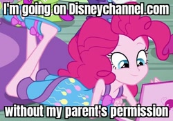 Size: 527x372 | Tagged: safe, edit, edited screencap, imported from derpibooru, screencap, pinkie pie, equestria girls, rainbow rocks, caption, clothes, computer, cropped, disney channel, female, image macro, laptop computer, outfit catalog, pajamas, pure unfiltered evil, sleeveless, slippers, solo, text