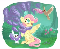 Size: 3018x2498 | Tagged: safe, artist:switchsugar, imported from derpibooru, angel bunny, fluttershy, bird, butterfly, pegasus, pony, angelbetes, beak hold, bush, colored pupils, cute, female, filly, filly fluttershy, flower, high res, hoof hold, lavender, looking at something, looking up, open mouth, outdoors, rose bush, shyabetes, sitting, sitting on head, solo, spread wings, spring, wings, younger