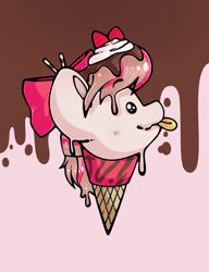 Size: 1291x1684 | Tagged: safe, artist:betawolfs, imported from derpibooru, angel wings, pony, bow, chocolate, female, food, hair bow, ice cream cone, ice cream pony, mlem, silly, solo, straw, strawberry, tongue out, whipped cream