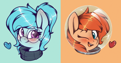 Size: 2394x1241 | Tagged: safe, artist:rexyseven, imported from derpibooru, oc, oc only, oc:rusty gears, oc:whispy slippers, pony, blushing, bust, female, glasses, helmet, mare, one eye closed, portrait, wink