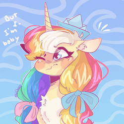 Size: 1080x1080 | Tagged: safe, artist:akiiichaos, imported from derpibooru, oc, oc only, oc:paper sailor, pony, unicorn, blushing, bow, bust, chest fluff, cute, ears back, female, hair bow, hat, mare, one eye closed, paper boat, paper hat, pigtails, portrait, sad, solo, speech, talking, twintails