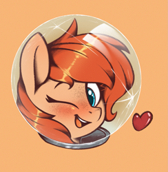 Size: 1209x1241 | Tagged: safe, artist:rexyseven, imported from derpibooru, oc, oc only, oc:rusty gears, pony, blushing, bust, cracked, cracks, female, freckles, heart, helmet, looking at you, mare, one eye closed, portrait, simple background, solo, wink