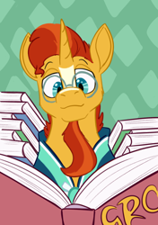 Size: 1500x2133 | Tagged: safe, artist:goat train, imported from derpibooru, sunburst, pony, unicorn, abstract background, book, facial hair, glasses, goatee, lidded eyes, male, reading, solo, stallion