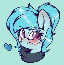 Size: 1209x1241 | Tagged: safe, artist:rexyseven, imported from derpibooru, oc, oc only, oc:whispy slippers, earth pony, pony, blushing, bust, clothes, female, glasses, heart, looking at you, mare, portrait, simple background, solo, sweater, turtleneck