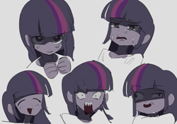 Size: 871x613 | Tagged: safe, artist:ceitama, imported from derpibooru, twilight sparkle, equestria girls, angry, derp, eyes closed, humanized, sharp teeth, simple background, sweat, teeth