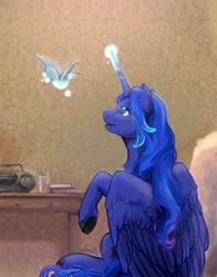 Size: 1280x1630 | Tagged: safe, artist:lusille, imported from derpibooru, princess luna, alicorn, pony, book, chest fluff, cute, fanfic art, female, lunabetes, magic, mare, origami, origami crane, profile, radio, sitting, solo, table, telekinesis, unshorn fetlocks