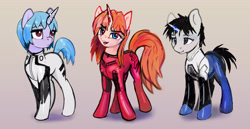 Size: 6190x3182 | Tagged: safe, artist:xbi, imported from derpibooru, pony, unicorn, bodysuit, crossover, female, gradient background, looking at you, male, mare, neon genesis evangelion, plugsuit, ponified, rei ayanami, shinji ikari, souryuu asuka langley, stallion, trio