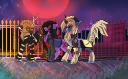 Size: 1920x1200 | Tagged: safe, artist:brainiac, derpibooru exclusive, imported from derpibooru, oc, oc:brainiac, oc:lewis "bucky" buckskin, oc:solstice dream, deer, earth pony, kirin, bottomless, clothes, kirin hybrid, male, partial nudity, stallion