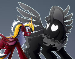 Size: 3800x3000 | Tagged: safe, artist:witchtaunter, imported from derpibooru, pony of shadows, stygian, oc, alicorn, bat pony alicorn, kirin, pony, bat kirin, canon x oc, female, gradient background, heart eyes, horn, kirin oc, male, tomboy, wingding eyes, wings