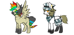 Size: 1407x672 | Tagged: safe, artist:ad-opt, imported from derpibooru, oc, oc only, earth pony, hybrid, pony, zony, bag, base used, coat markings, duo, ear piercing, earring, earth pony oc, hat, jewelry, male, multicolored hair, neckerchief, piercing, rainbow hair, saddle bag, simple background, socks (coat marking), socks (coat markings), stallion, transparent background, wings, zebra pegasus