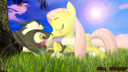 Size: 1920x1080 | Tagged: safe, artist:sky chaser, imported from derpibooru, fluttershy, oc, oc:wolfy, hybrid, pegasus, pony, wolf, 3d, blushing, canon x oc, female, kissing, male, shipping, source filmmaker, straight