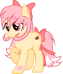 Size: 400x468 | Tagged: safe, artist:ad-opt, imported from derpibooru, oc, oc only, oc:sakura blossom, earth pony, pony, bow, earth pony oc, eyelashes, female, flower, flower in hair, hair bow, mare, raised hoof, simple background, solo, tail bow, transparent background