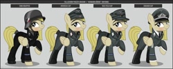 Size: 1280x512 | Tagged: safe, artist:brony-works, imported from derpibooru, oc, oc only, earth pony, pony, boots, clothes, earth pony oc, eyelashes, female, hat, helmet, hermann göring division, luftwaffe, mare, nazi germany, raised hoof, reference sheet, shoes, smiling, solo, uniform, world war ii