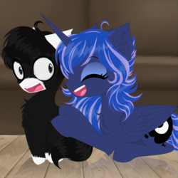 Size: 4000x4000 | Tagged: safe, artist:darkest-lunar-flower, imported from derpibooru, princess luna, oc, oc:junior, oc:tommy junior, alicorn, pony, chest fluff, duo, female, mare, open mouth, smiling