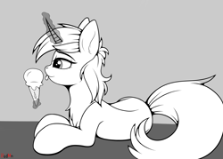 Size: 3220x2304 | Tagged: safe, artist:redmn, imported from derpibooru, lyra heartstrings, pony, unicorn, female, food, ice cream, magic, mare, monochrome, prone, simple background, solo, telekinesis, tongue out