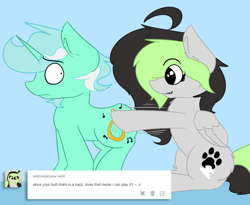 Size: 1500x1232 | Tagged: safe, artist:aidraws, artist:artsyambi, imported from derpibooru, lyra heartstrings, oc, oc:bree jetpaw, dog, dog pony, pegasus, pony, unicorn, butt touch, guyra, harpsy, rule 63, tumblr, unamused