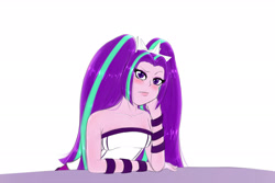 Size: 3000x2000 | Tagged: safe, artist:albertbm, imported from derpibooru, aria blaze, equestria girls, bare shoulders, blushing, doodle, looking at you, simple background, sleeveless, smiling, solo, strapless, white background