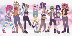 Size: 4960x2500 | Tagged: safe, artist:kikirdcz, imported from derpibooru, applejack, fluttershy, pinkie pie, rainbow dash, rarity, spike, sunset shimmer, twilight sparkle, human, alternate hairstyle, applejack's hat, armpits, ball, belly button, belt, book, clothes, converse, cowboy hat, dark skin, dress, ear piercing, earring, eyeshadow, fingerless gloves, flannel, flower, gloves, hat, high heels, hoodie, humanized, implied shipping, implied sparity, implied straight, jewelry, makeup, mane seven, mane six, midriff, pants, piercing, ponytail, rose, scarf, shoes, shorts, simple background, skirt, sleeveless, sleeveless hoodie, smiling, socks, sports bra, stetson, stockings, straw in mouth, striped socks, sweatpants, thigh highs, white background