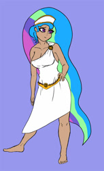 Size: 611x1000 | Tagged: safe, artist:slamjam, imported from derpibooru, princess celestia, human, bare shoulders, barefoot, breasts, cleavage, clothes, feet, female, hand on hip, humanized, solo, toga
