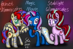 Size: 2395x1600 | Tagged: safe, artist:starflashing twinkle, imported from derpibooru, starlight glimmer, sunset shimmer, trixie, oc, oc:stablight glimmercakes, alicorn, pony, unicorn, elements of insanity, antagonist, cloak, clothes, evil, evil grin, eye, eyes, female, gem, grin, hat, heterochromia, hooves, magic mare, mare, multicolored eyes, painset shimmercakes, s5 starlight, shadow, smiling, stablight glimmercakes, stars, tail, tomboy, villainess, wings