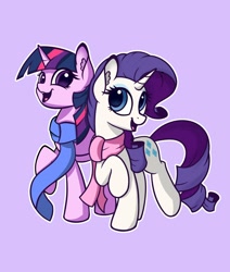 Size: 2200x2600 | Tagged: safe, artist:lollipony, artist:sadtrooper, imported from derpibooru, rarity, twilight sparkle, alicorn, pony, unicorn, clothes, female, gray background, lesbian, mare, open mouth, outline, rarilight, scarf, shipping, simple background, smiling, twilight sparkle (alicorn), white outline