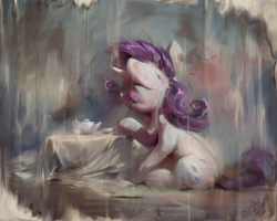 Size: 1200x960 | Tagged: safe, artist:assasinmonkey, imported from derpibooru, rarity, pony, unicorn, cutie mark, digital painting, eyes closed, female, horn, mare, sitting, solo, tea set, teapot