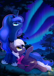 Size: 5785x8062 | Tagged: safe, artist:taneysha, imported from derpibooru, princess luna, oc, oc:nighty cloud, alicorn, pegasus, pony, aurora borealis, clothes, commission, commissioner:fleetfoot, crown, duo, female, forest, gift art, grass, grass field, jewelry, looking at you, lying down, night, regalia, scarf, sitting, stargazing, starry night, tree