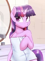 Size: 701x960 | Tagged: safe, artist:spectre-z, edit, imported from derpibooru, twilight sparkle, semi-anthro, unicorn, bathroom, colored pupils, cropped, cute, explicit source, female, mirror, shoulder fluff, solo, towel, twiabetes, unicorn twilight